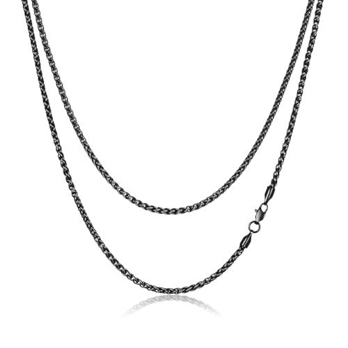 FOSIR Stainless Steel Black Wheat Chain Necklace for Men, 2.5mm Mens Chains 20 Inches(Men's Average Length)