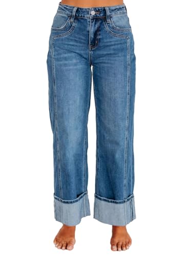 Women's Casual Straight Leg Mid Rise Boyfriends Jeans Fashion Cuffed Baggy Denim Pants