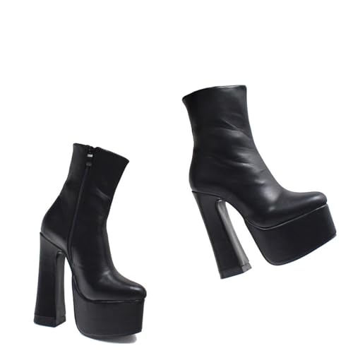 High Heels 15cm Short Boots Black Chunky Heel Zip