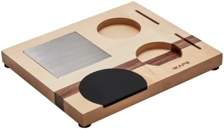 IKAPE Espresso Tamper Base, Espresso Accessories Organizer Box Compatible with All Size Espresso Brand Accessories, Natural Walnut Tamping Station Holder(4 IN One)