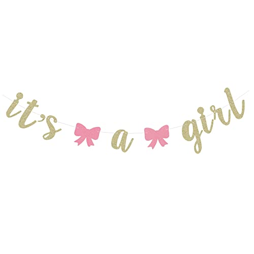 Glittery Its A Girl Banner for Gender Reveal Party Girl Baby Shower Supply Birthday Decorations Paper Sign Pink Bowknot Garland - Gold