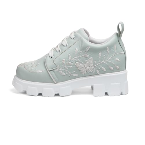 Image of Handcrafted Floral Lace Sneakers | Everyday Ethnic Fusion Footwear | Chunky Sole Mint Green