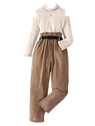 Floerns Girls 2 Piece Outfit High Neck Cut Out Tee Shirt with Paperbag Waist Belted Pants Set A Beige and Brown 10Y