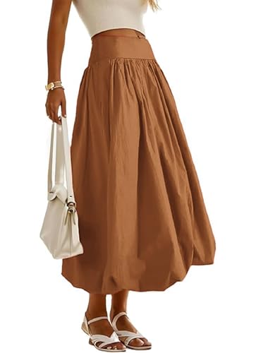 Women's Bubble Long Skirt Elastic Waist A-Line Pleated Ruffle Flowy Balloon Maxi Skirts with Pockets