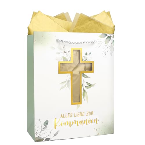 COMOOKA Geschenktüte Kommunion 25x21x10cm XL Geschenktasche Kommunion Geschenk Verpackung Geschenke zur Kommunion für Mädchen Junge Erstkommunion Tüte mit Henkel