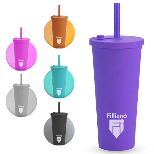 Filliano Bicchiere con cannuccia e coperchio Tumbler a doppia parete, Bicchiere per bevande 710ml Caffè, Tè, Borraccia con cannuccia , tazza con tappo , Tumbler con cannuccia (Viola)