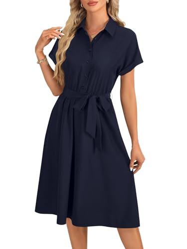 Image of Vrtige Women's Collar Neck Button Down Tie Waist Short Sleeve A Line Midi Shirt Dress