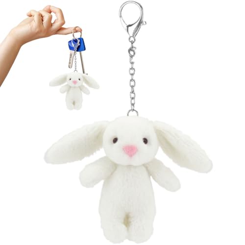 Porte-clés Lapin Fluffy, Adorable porte-clés lapin en peluche,Pendentif de sac à main - Clé de voiture, porte-clés et porte-clé – Pendentif sac d'école (Blanc)