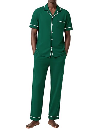 Ekouaer Mens Cotton Pajama Set Short Sleeve Button Down Sleepwear Lounge