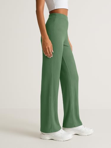Image of Pinkmint Women High Waist Ribbed Wide Leg Trousers | Stretchable Palazzo Pants | Gym Yoga Workout Sports Activewear | Casual Lounge Travel Office Elastic Waist Flared Pants