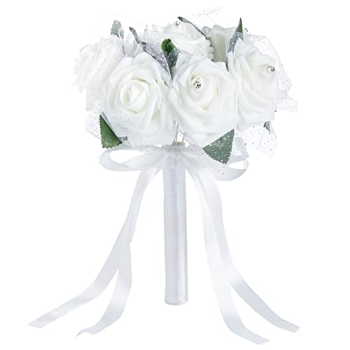 Künstlicher Blumenstrauß mit 8 Weißen Schaumrosen für Hochzeit, Brautstrauß, 24 cm Cover