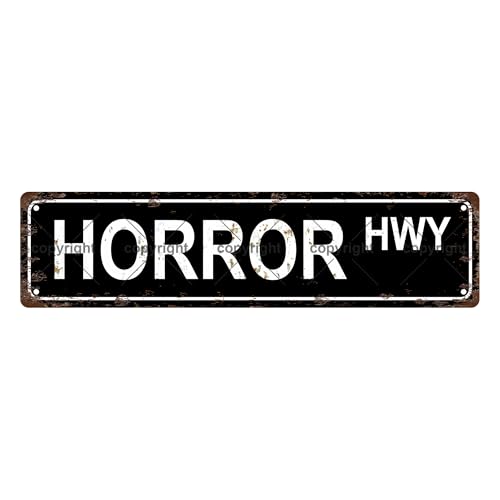 HORROR HWY BOOKSHELF Metal Tin Street Sign Bar Cafe Garage Cave Home Room Wall Bathroom Farmhouse Garden Porch Patio Decor, 16 x 8 Inch