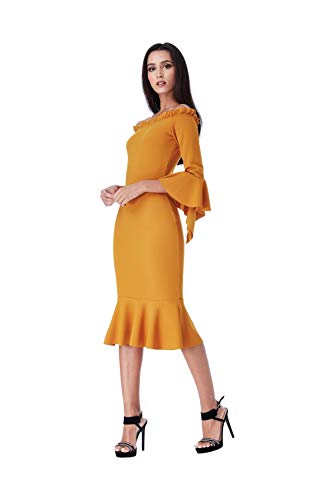 Goddiva Mustard Bardot with Frill Detail Midi Party Prom Dress 10