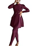 ZAFUL Women Modest Muslim Swimsuits Ruffle Full Coverage Islamic Arabic Burkini 2 Pieces Bathing Suit 2-Dark Red M