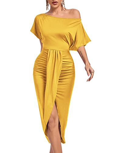 Image of LYANER Women's One Off The Shoulder Ruched Wrap Front Split Hem Draped Party Midi Dress