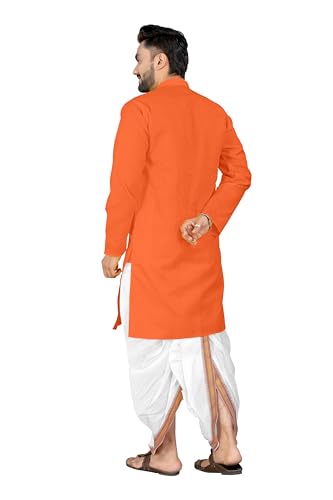Image of UNIQUE MOMENTS Men's Cotton Dhoti Kurta Set with Full Sleeves Solid Pattern Modern Style and Mandarin Collar Neck | Perfect for Puja & Celebrations