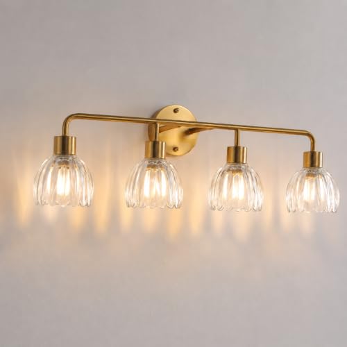 Image of 4-Light Gold Brass Bathroom Light Fixture with Clear Tulip Glass Shade,Wall Sconces,Vintage Vanlity Light Over Mirror,Bathroom Wall Light,E26 Socket(Bulbs Not Included) ASIN B0FVG