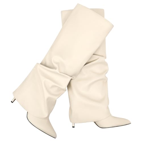 Image of Women's Knee High Boots Fold Over High Heel Pointed Toe Black White Long Boots Women Dress Tall Boots for Women