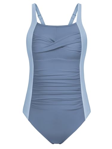 Image of DAXIANG Girls One Piece Swimsuit Modest Ruched Color Block Bathing Suit Tween Adjustable Straps Padded Swimwear Size 7-16