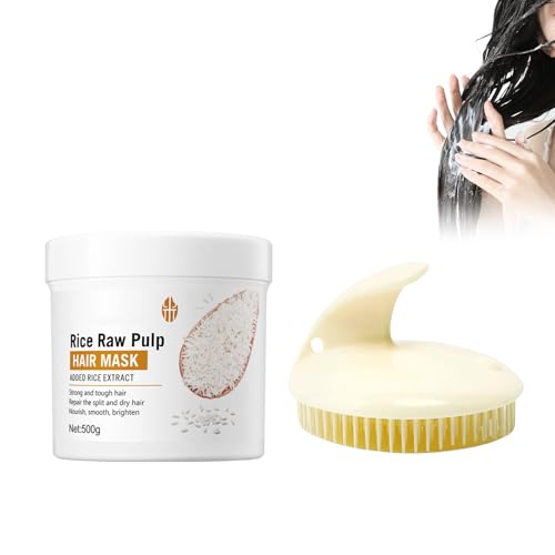 Hppsctink Masque Capillaire, 500g Masque capillaire au riz et brosse à shampoing, Réparation des Cheveux Abîmés, Anti-Sécheresse, Pointes Fourchues, Enchevêtrement et chute des Cheveux, hair mask