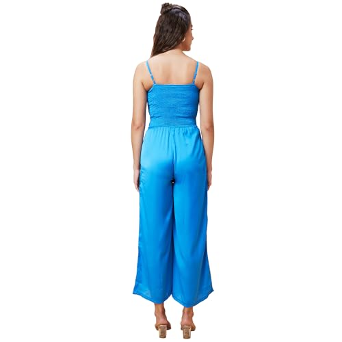 Image of Globus Women Blue Solid Smocked Strappy Party Jumpsuit-3639654001