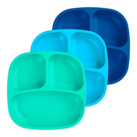 Re-Play Made in USA 3pk - 7.37" Divided Plates with Deep Sides for Baby, Toddler, Child Mealtime - Sky Blue, Aqua & Navy Blue | Eco Friendly Heavyweight Recycled HDPE are Virtually Indestructible!