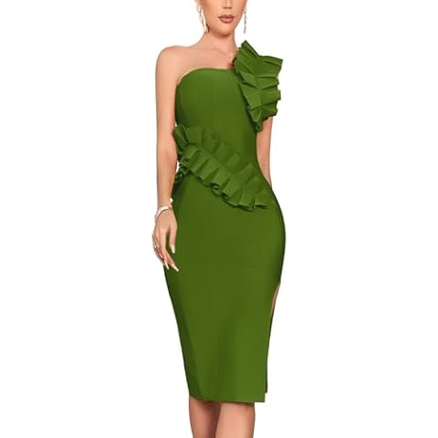 houstil Women's One Shoulder Wedding Guest Dress Side Split Bandage Bodycon Midi Cocktail Club Dresses(Green, Small) Cover