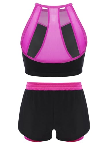 Workout Sets For Girls Piece Sport Shorts Outfits With Color Block Mesh Patchwork Crop Tops Set2
