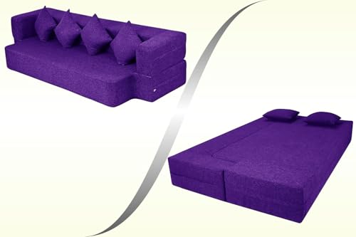 Image of Rosebell Flipper Three-Seater | 70 X 46 X 9 | Foldable Sofa Cum Bed with Washable Fabric Four Cushions - Purple Color