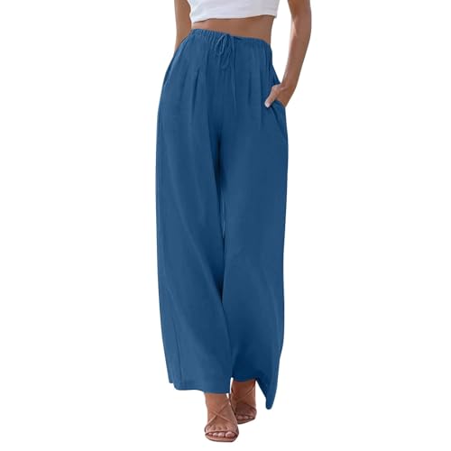 fanmpghleoo Wide Leg Linen Pants for Women Drawstring High Waisted Linen Palazzo Pants Flowy Comfy Lounge Pant with Pockets