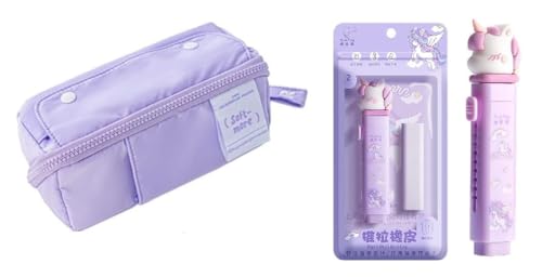 Image of WORSHIPER Kawaii Cute Pencil Pouch with Push Pull Eraser Set for Kids | Premium Canvas Zipper Stationery Organizer Box with Cartoon Design | Gift Combo for Boys & Girls (Soft More Purple + Eraser)