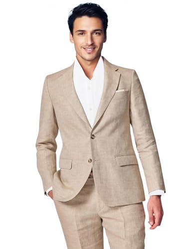 Linen Suit for Men Slim Fit 2 Piece Summer Linen Suit Blazer with Pants Beach Wedding Groomsmen Suits