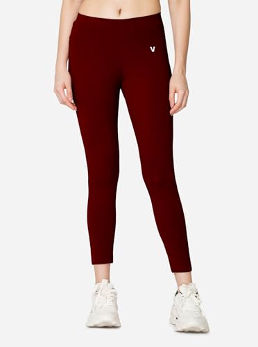 Image of VSTAR PL02 Women Ankle Length Stretchable Slim Fit Leggings with Secured Side Pocket | Moisture-Wicking | Soft Waistband & Cotton-Elastane Fabric | L | Wine red