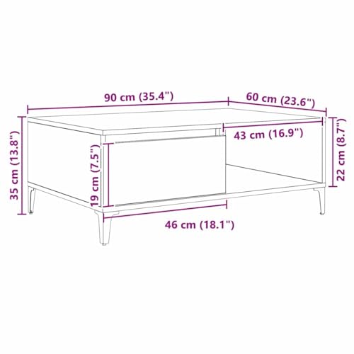 Tonture Couchtisch Artisan-Eiche 90x60x35cm, Holzwerkstoff, Metallrahmen, Industriestil, mit Ablage, für Wohnzimmer, Moderner Beistelltisch, Rustikales Design, Praktischer Stauraum – Bild 3
