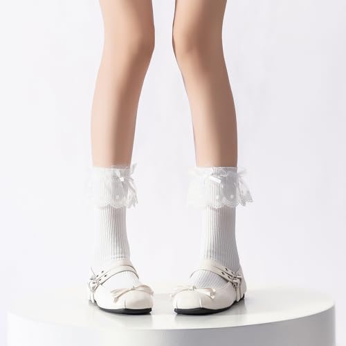 Image of 6 Pairs Womens Bow Socks Ruffle Casual Crew Socks, Cute Lettuce Edge Socks, Soft Breathable Cotton Frilly Dress Socks