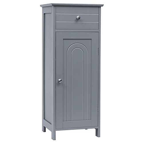 Tangkula Bathroom Floor Cabinet, Wooden Side Storage Cabinet, Freestanding Single Door Bathroom Cabinet with Large Drawer & 2 Adjustable Shelves for Living Room Kitchen (Grey)