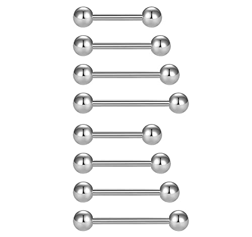 FECTAS 8pcs Tongue Nipple Bars 14G Stainless Steel 12/14/16/18mm Barbell Piercing