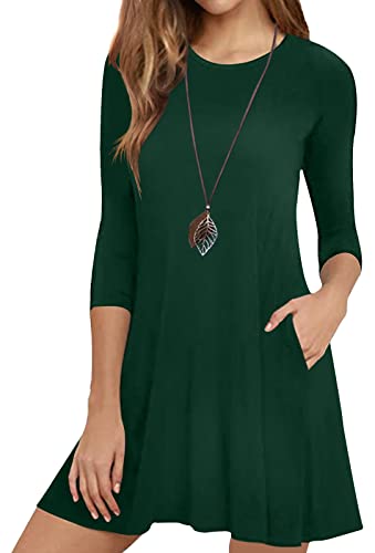 Image of Womens Casual 3 /4 Sleeve Dresses Aline Crewneck Spring Tshirt Dress with Pocket