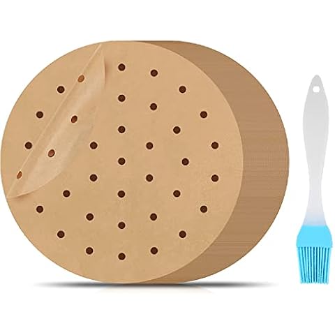 Air Fryer Liners, 8.7 Inch 100 Pcs Non-Stick Parchment Paper Steamer Liners Perforated Food Grade Paper Disposable Baking Paper for Air Fryer Oven Bamboo Steamer Frying Pan (Free Oil Brush) Cover