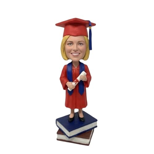 Custom Liberal Arts Graduation Bobblehead Personalized from Photo - Handmade Graduate in Red Gown with Double Book Base, Unique BA/BS Degree Gift