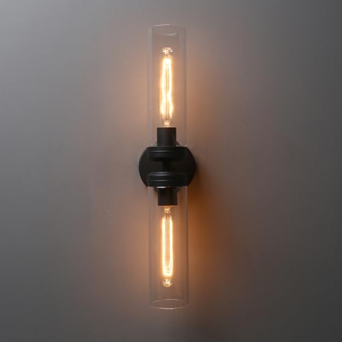 Image of Pathson 2 Lights Cylinder Glass Wall Sconce, Hardwired Wall Vanity Lights with Double Tube Glass, Vintage Aluminum Wall Lamp Decor for Living Room Bedroom (Black 1-Pack)