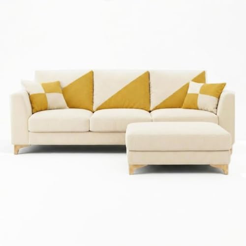 Image of Juliet 4 Seater L Shape Sofa Set with Movable Ottomans | Flexible Layout | Rich Velvet Suede Fabric | Silver Legs | Modern Sofa for Living Room (Cream)