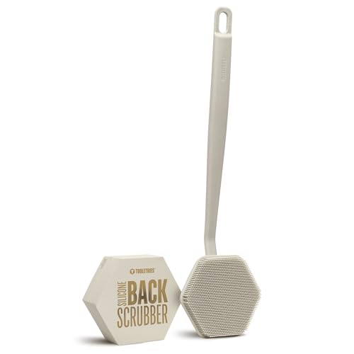 TOOLETRIES Silicone Back Scrubber for Shower Exfoliating Body & Bath Brush Long Ergonomic Handle Non-Slip Grip for Hard-to-Reach Areas Hygienic Silicone Bath Accessory for Men & Women - Sand