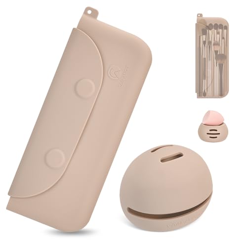 COOL-ANGLE Silicone Makeup Brush Holder And Beauty Sponge Case, Travel Makeup Brush Case With Magnetic Closure, Makeup Sponge Holder 2 In 1 Stand Storage For Quick Drying Khaki