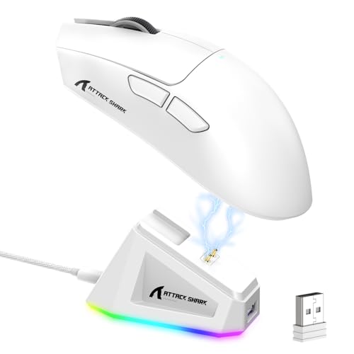 LexonElec x Attack Shark X11 Kabellose Gaming-Maus mit RGB Magnetische Ladestation PixArt PAW3311-Sensor Ultraleichte 59g Schwere Tri-Mode-Gaming-Maus Wired/2 4 G/BT 22 K DPI-White