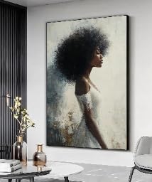 YUSUZHU Black Woman Side Profile Portrait, Black Woman White Dress Painting, Afro Woman Canvas Print, Woman Wall Decor,Wall Art(60x80cm/Frameless)