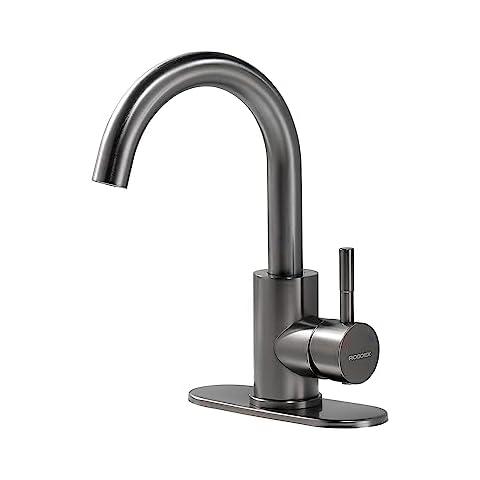 RODDEX Wet Bar Sink Faucet Stainless Steel One Hole 360 Swivel Bar Mixer with 3 Hole Cover Deck Plate Small Modern Single Handle Kitchen Tap for Bath Bathroom Sink Prep Sink, Dark Grey Cover