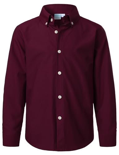 VATPAVE Boys Dress Shirts Long Sleeve Button Down Shirts Formal Uniform Solid Oxford Shirt 12 WineRed