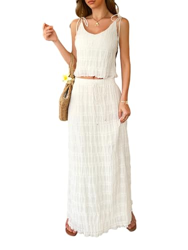 Women Y2k Maxi Skirt 2 Piece Set Sexy Spaghetti Tie Strap Cami Top Flowy Pleated Long Dress Summer Vacation Outfits