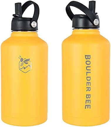 Boulder Bee | 64 oz Insulated Water Bottle | Stainless Steel Thermos for Hot & Cold Drinks | with 2 Lid (Straw Lid and Cap) | Double Vacuum Walled | for Travel, Hiking, Camping (Yellow)